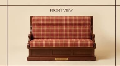 A high-back seating unit featuring a dark wooden frame and a red and beige plaid upholstered seat and back. The backrest has three horizontal rolls, and the wooden base includes paneled detailing and a small brass plaque. — 3D model