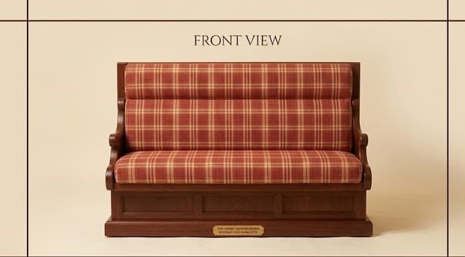 A high-back seating unit featuring a dark wooden frame and a red and beige plaid upholstered seat and back. The backrest has three horizontal rolls, and the wooden base includes paneled detailing and a small brass plaque. — 3D model