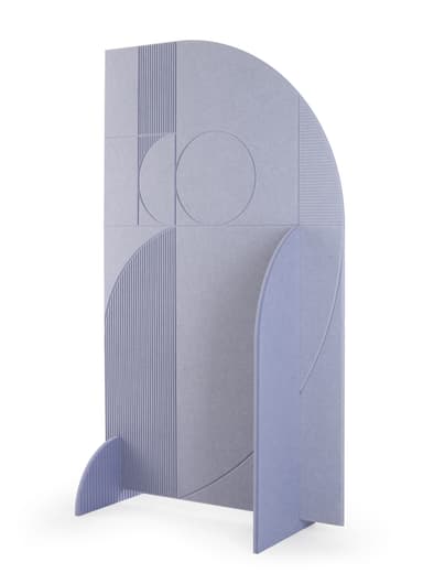 A freestanding room divider with a geometric design. The primary panel is large and semicircular at the top, with vertical fluting and circular inlays. It is supported by two base panels that form an X-shape at the bottom, with one base panel featuring a curved cutout. Another smaller, curved panel extends forward from the main body. — 3D model