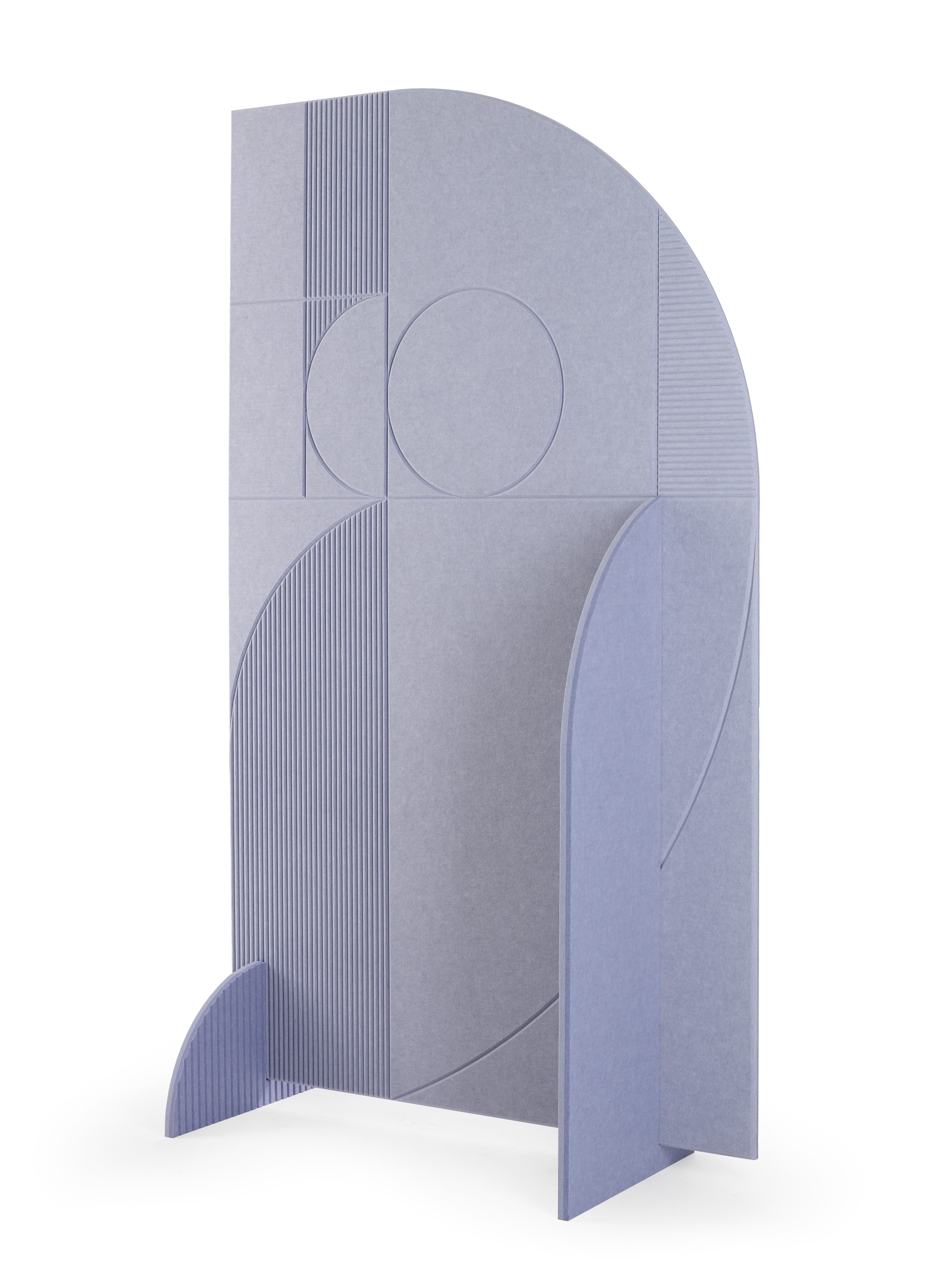 A freestanding room divider with a geometric design. The primary panel is large and semicircular at the top, with vertical fluting and circular inlays. It is supported by two base panels that form an X-shape at the bottom, with one base panel featuring a curved cutout. Another smaller, curved panel extends forward from the main body. — 3D model