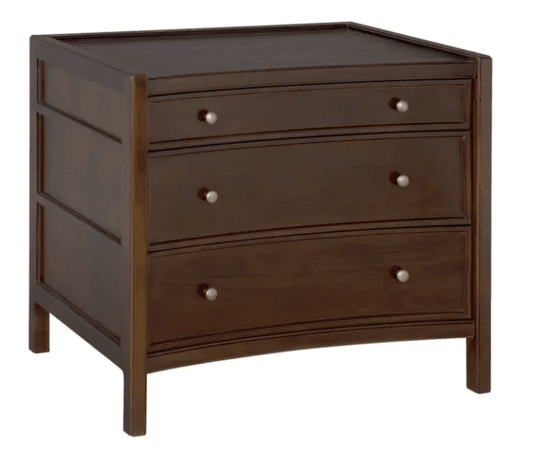 A dark brown wooden nightstand featuring three drawers with a subtle curved front, standing on four tapered legs. — 3D model