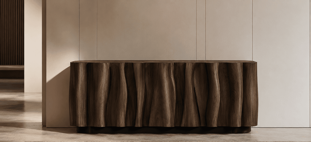 A contemporary sideboard featuring a distinctive wavy, undulating facade crafted from dark-stained wood, likely walnut. The top surface has softly rounded edges, complementing the organic flow of the front panels. The unit is supported by a recessed, minimalist black base, giving it a floating appearance. The absence of visible handles suggests a push-to-open or similar mechanism for its storage compartments. — 3D model