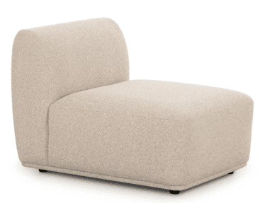 An upholstered armless chair, likely a modular component, featuring a low profile and a simple, blocky form. The backrest is gently curved at the top, and the entire piece is covered in a light beige, textured fabric, resembling bouclé or a coarse weave. It rests on small, recessed dark feet. — 3D model