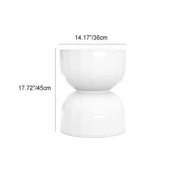 A minimalist, modern stool featuring an hourglass silhouette. The object is rendered in a clean, glossy white finish, giving it a sleek and reflective appearance. Its symmetrical design comprises two rounded, bowl-like sections connected at a narrower waist. The stool measures approximately 17.72 inches (45 cm) in height and 14.17 inches (36 cm) in diameter. — 3D model