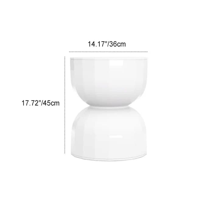 A minimalist, modern stool featuring an hourglass silhouette. The object is rendered in a clean, glossy white finish, giving it a sleek and reflective appearance. Its symmetrical design comprises two rounded, bowl-like sections connected at a narrower waist. The stool measures approximately 17.72 inches (45 cm) in height and 14.17 inches (36 cm) in diameter. — 3D model