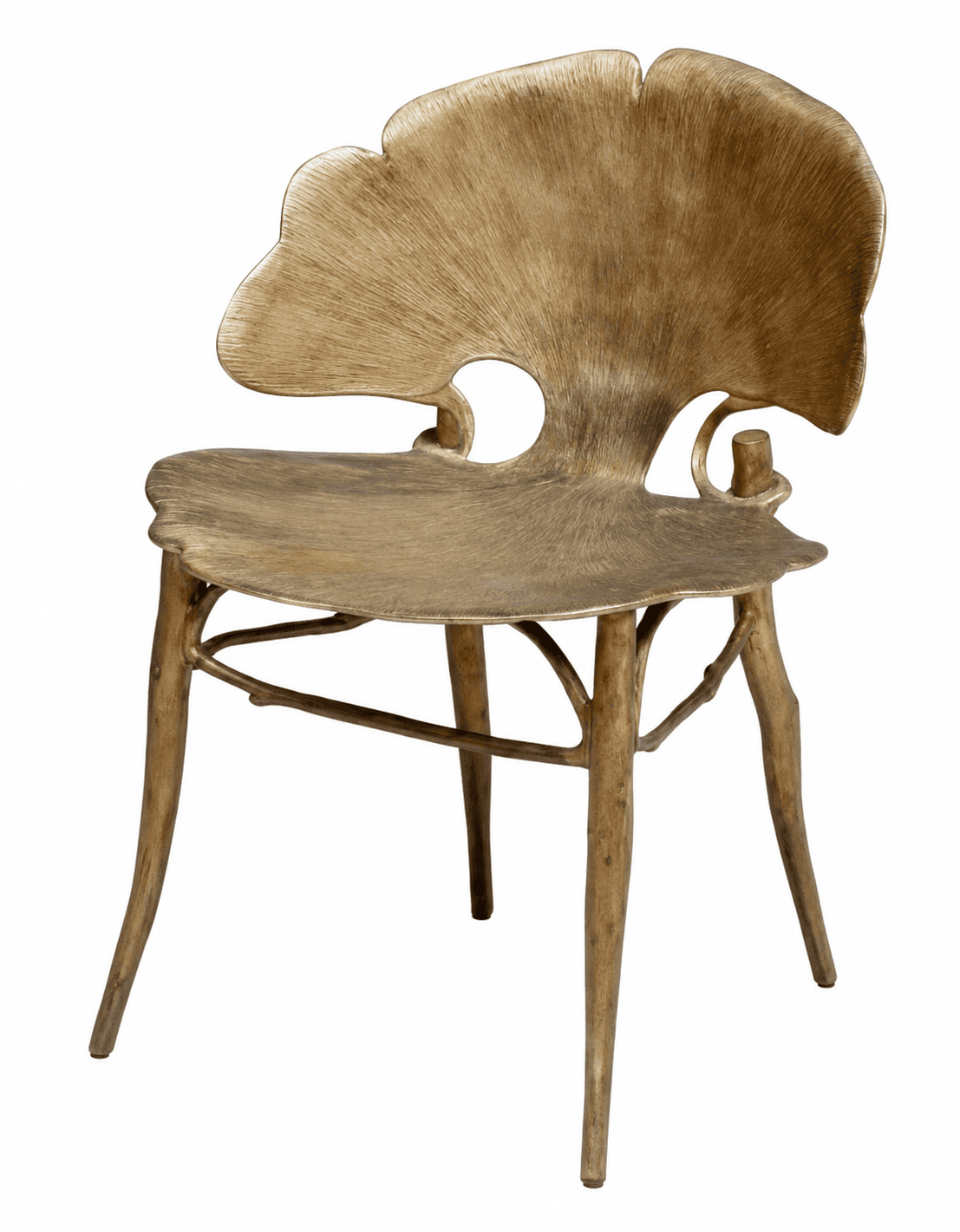 A highly stylized accent chair featuring a backrest and seat designed to resemble a ginkgo leaf, with a textured, metallic bronze finish. The legs and frame are sculpted to mimic natural tree branches or twigs, creating an organic and sculptural aesthetic. The chair exhibits an Art Nouveau or naturalistic design influence. — 3D model
