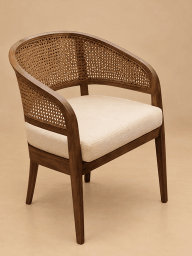 A contemporary armchair featuring a solid wood frame with a curved barrel-style back and arms, incorporating a woven cane panel in the backrest. The seat is upholstered with a light-colored fabric cushion. — 3D model