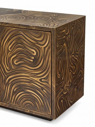 A long, rectangular credenza crafted from dark-stained wood, featuring multiple cabinet doors. The facade is adorned with a striking abstract brass inlay design that spans across the panels, creating a dynamic, flowing, topographic-like pattern. The credenza rests on a recessed plinth base. — 3D model