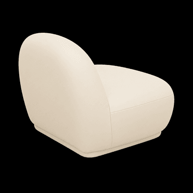 A cream-colored, low-profile armchair with a rounded, bulbous form. The armchair features a single-piece upholstered seat and backrest, creating a seamless, organic silhouette. The base is integrated into the overall rounded design, lacking distinct legs. The overall aesthetic is modern and sculptural. — 3D model