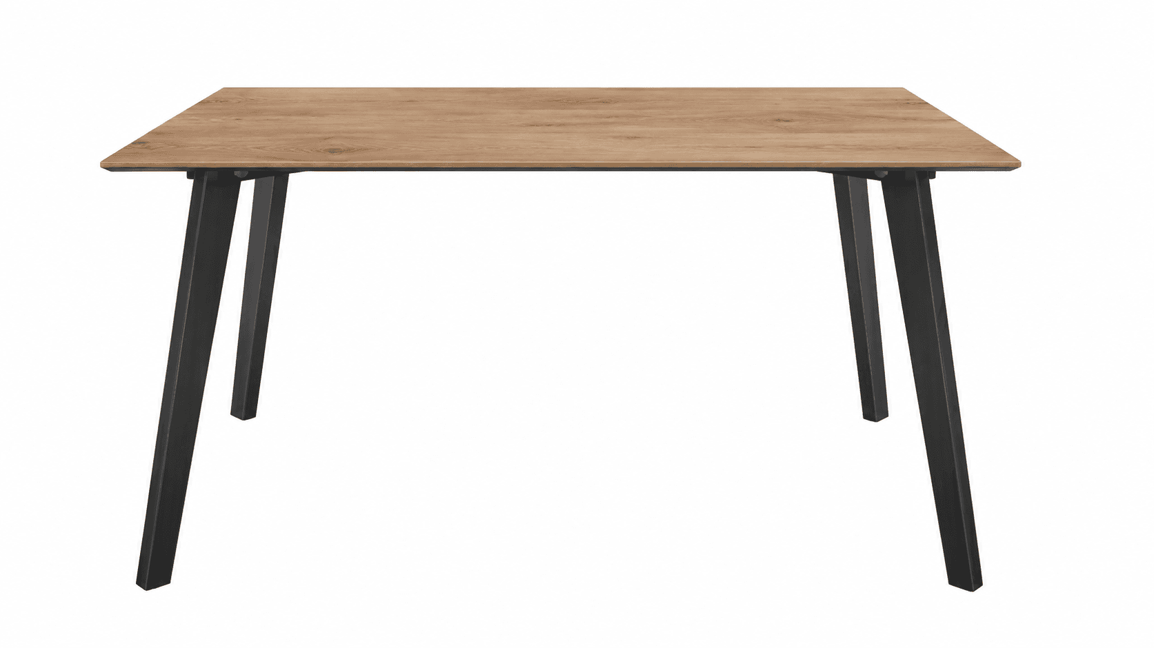 A rectangular dining table featuring a light wood-grain top and four angled black metal legs, set against a white background. — 3D model