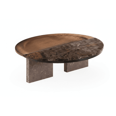A low-profile round coffee table featuring a segmented tabletop composed of brown marble and a translucent, bronze-tinted glass or resin. The marble segments exhibit natural veining, while the glass segment is smooth. The table is supported by four substantial, rectangular block legs made of matching brown marble. — 3D model