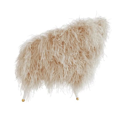 A plush armchair upholstered in a cream-colored velvet fabric. The chair features a rounded, open back and is heavily embellished with fluffy, light brown feathers along the entire outer edge of the back and armrests. It has a single, thick seat cushion and tapers to four slender, angled legs, each tipped with a small gold accent. — 3D model
