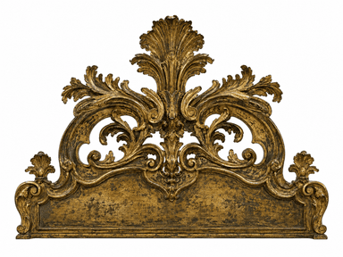 An ornate, gilded headboard featuring elaborate Rococo-style carvings, including scrolling acanthus leaves and shell motifs, rendered in carved wood with an aged, distressed gold finish. — 3D model