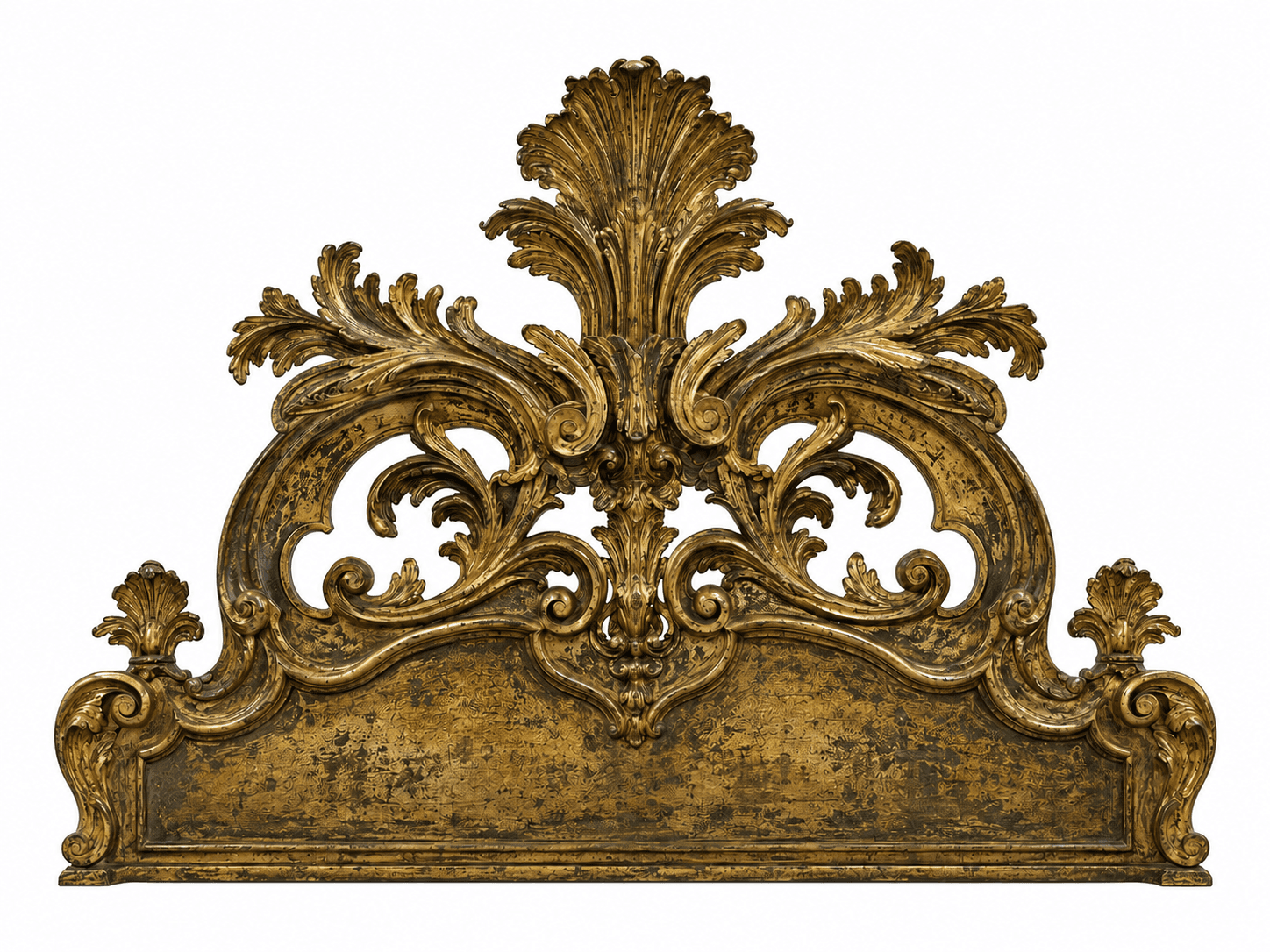 An ornate, gilded headboard featuring elaborate Rococo-style carvings, including scrolling acanthus leaves and shell motifs, rendered in carved wood with an aged, distressed gold finish. — 3D model