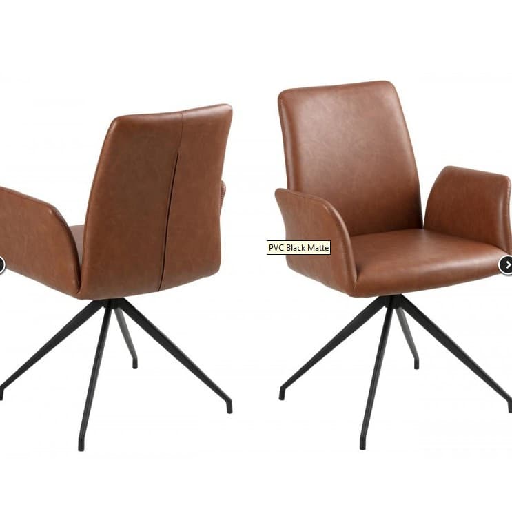 A modern armchair upholstered in brown faux leather with integrated armrests and a black metal four-star swivel base. — 3D model