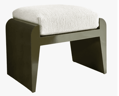 A modern bench featuring a robust dark olive green lacquered wooden frame with rounded ends, supporting a thick, rectangular light beige upholstered cushion. The frame has a glossy finish and integrates the legs seamlessly. — 3D model