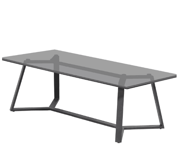 A modern rectangular coffee table featuring a clear gray glass top and a dark, angular metal base. The base design is composed of two trapezoidal frames connected by a central horizontal bar, providing a clean and contemporary aesthetic. — 3D model