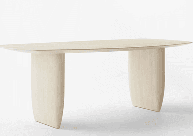 A minimalist console table featuring an elongated oval tabletop supported by two thick, sculptural, rounded legs. The entire piece is crafted from light-toned wood with a smooth, matte finish, giving it an organic and contemporary aesthetic. The design is simple, emphasizing natural forms and materials. — 3D model