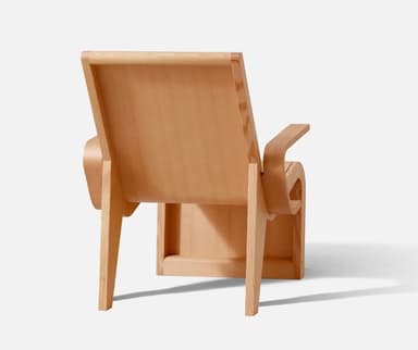 A modernist bent plywood lounge chair featuring a natural light wood finish. The design includes a low-slung, reclined backrest, a subtly curved seat, and integrated armrests, all formed from laminated wood sheets. The frame utilizes angular, broad supports, showcasing a minimalist and organic aesthetic with visible joinery. — 3D model