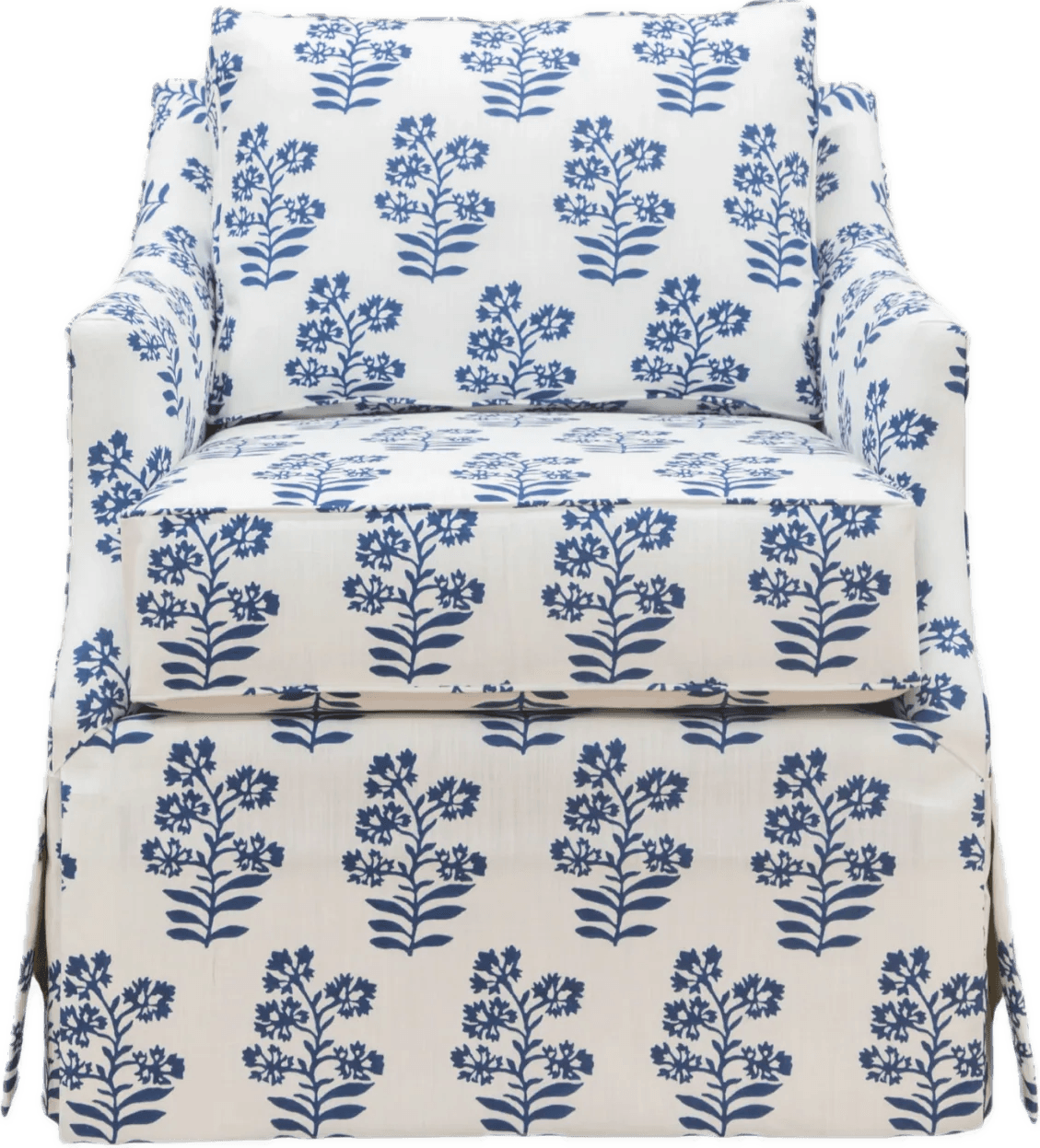 A fully upholstered armchair featuring a distinctive blue floral pattern against a white background. The chair has a boxy profile with tapered arms and includes a loose seat cushion and a loose back cushion, both covered in the same patterned fabric. A fabric skirt conceals the chair's legs, giving it a soft, traditional appearance. — 3D model