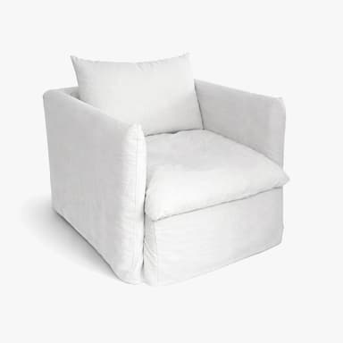 A white slipcovered armchair with a square silhouette. It features a single seat cushion and a back cushion, with generously sized armrests. The slipcover extends to the floor, creating a skirted base. The overall design appears casual and comfortable. — 3D model