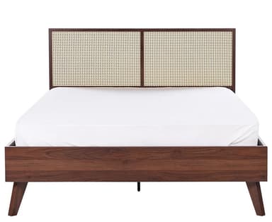 A mid-century modern style platform bed featuring a dark walnut-finished wooden frame and a headboard with cane webbing panels. — 3D model