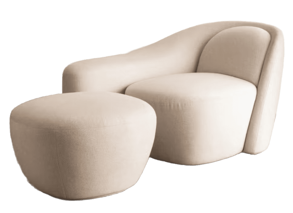 A contemporary upholstered lounge chair with a coordinating ottoman, featuring soft, rounded organic forms and a light-colored, textured fabric. — 3D model