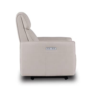 A contemporary recliner chair upholstered in a light beige, suede-like fabric, featuring a high back with an integrated headrest and plush, rolled armrests, designed for comfort and relaxation. — 3D model