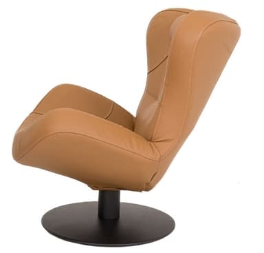 A contemporary tan leather lounge chair featuring a distinctive curved, high-back design, an integrated headrest, and a matte black circular swivel base. — 3D model