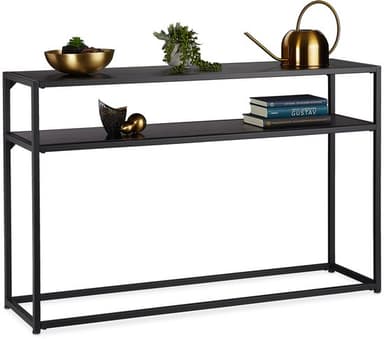 A slim, two-tiered console table featuring a minimalist design with a black metal frame and two dark, presumably wood-effect, rectangular shelves. — 3D model