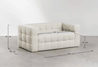 A contemporary two-seater loveseat upholstered in an off-white boucle fabric, featuring deep tufting across its seat, backrest, and integrated armrests. The design is characterized by its clean, rectangular lines and a plush, textured appearance. — 3D model