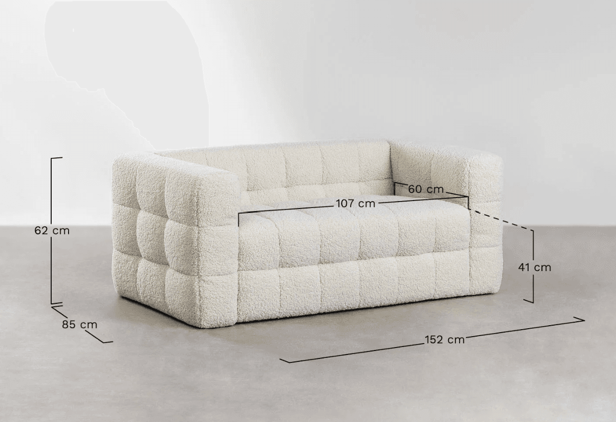 A contemporary two-seater loveseat upholstered in an off-white boucle fabric, featuring deep tufting across its seat, backrest, and integrated armrests. The design is characterized by its clean, rectangular lines and a plush, textured appearance. — 3D model