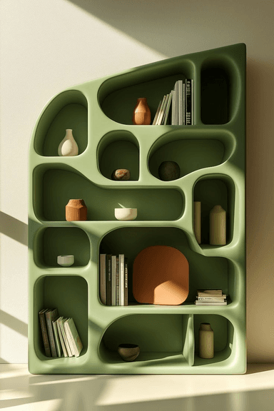 A light sage green, modern shelving unit featuring an asymmetrical, irregularly shaped design with rounded edges and various organic compartments. The unit has a matte finish and a substantial, molded appearance, suggesting plastic or a composite material. — 3D model