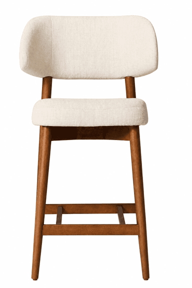 A stylish counter stool featuring a light cream/off-white upholstered seat and a curved backrest. The frame is constructed from a medium-toned wood, showcasing tapered legs and a square footrest. The design leans towards a mid-century modern aesthetic with its clean lines and warm wood finish. — 3D model