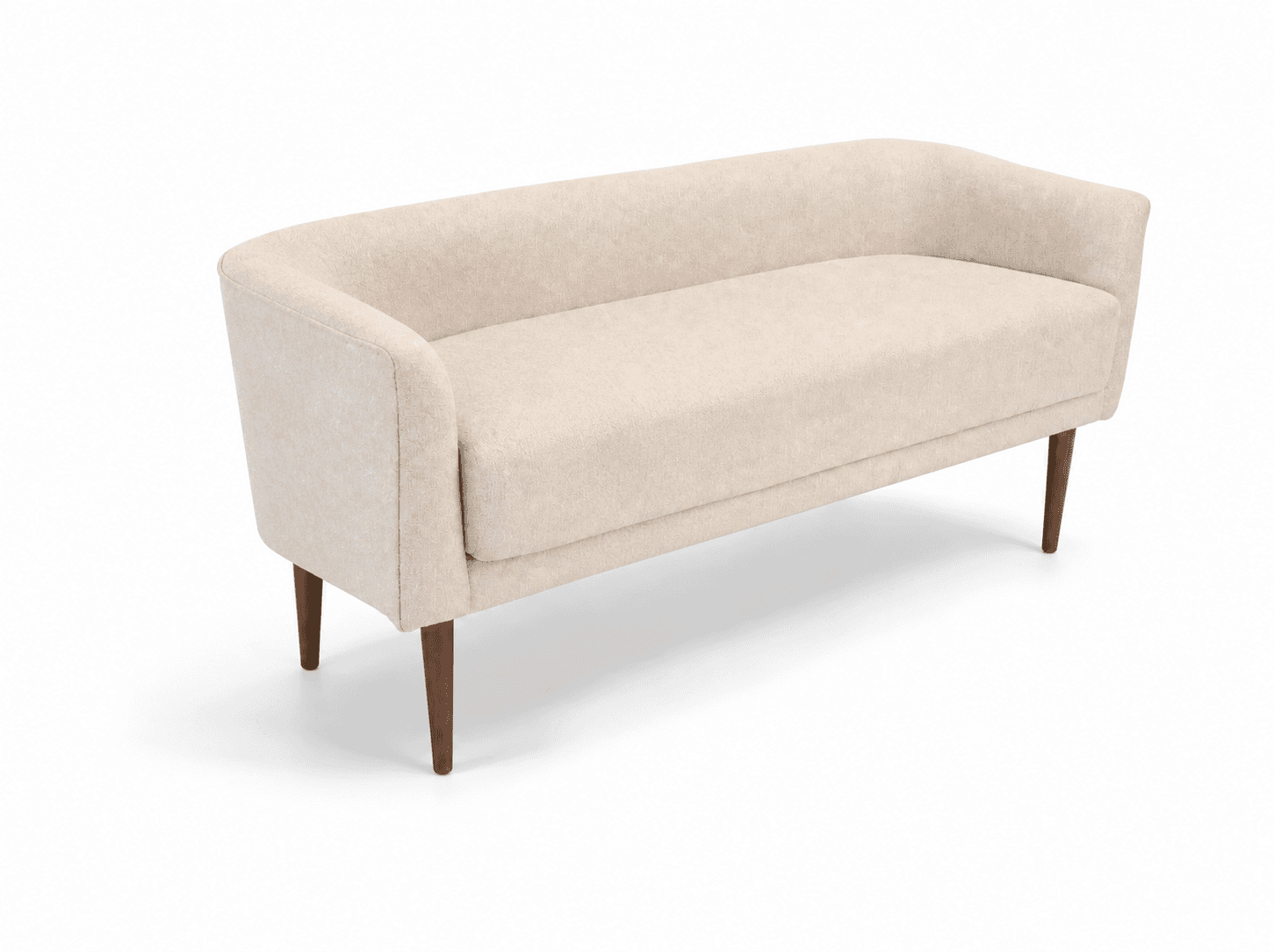 A compact, two-seater upholstered loveseat featuring a curved backrest and armrests, supported by four slender, tapered wooden legs. The upholstery is a light, textured fabric. — 3D model