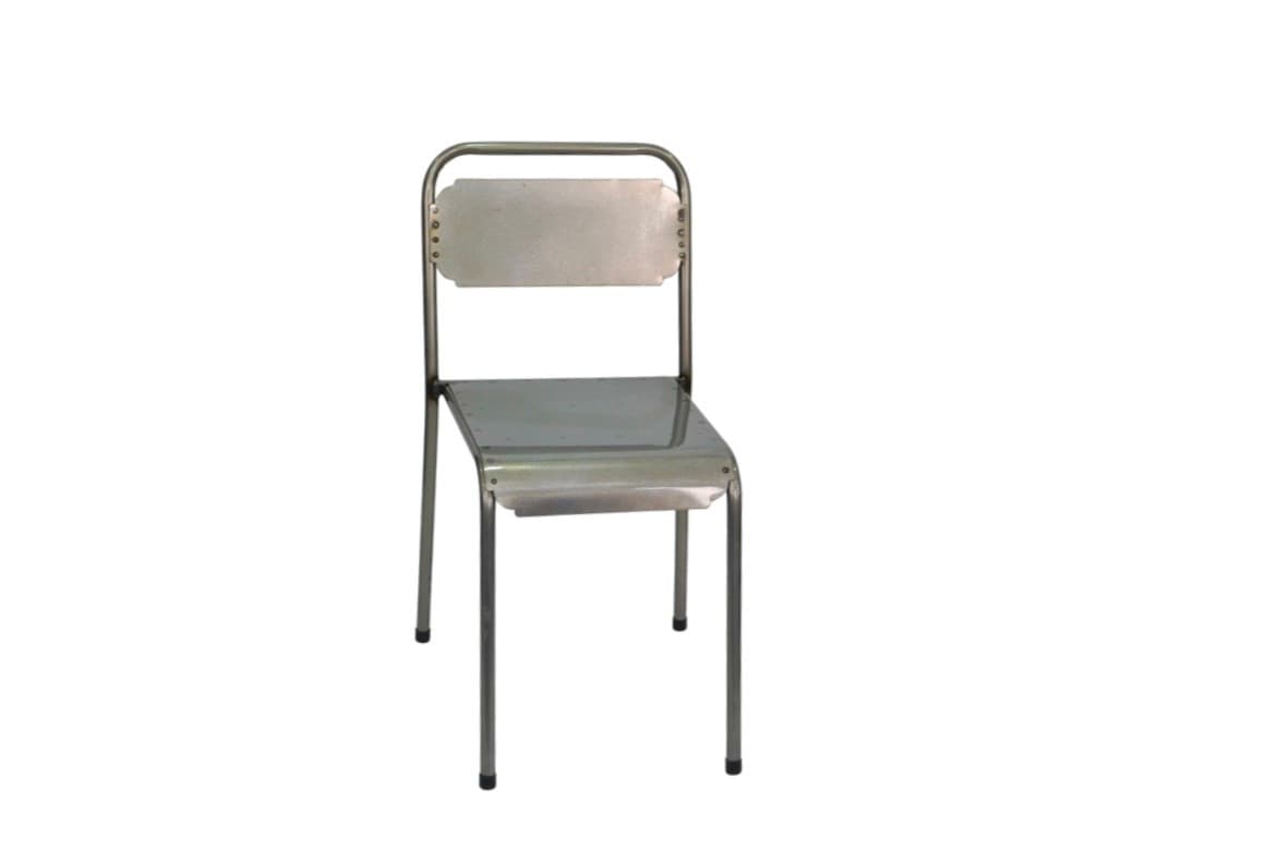 A vintage industrial side chair constructed from galvanized steel, featuring a tubular frame and bent metal seat and backrest. The design is utilitarian, characterized by its durable material and simple, functional form. The backrest has a distinct, slightly shaped metal panel attached with visible rivets. — 3D model