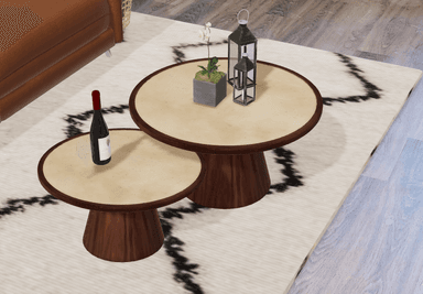 A set of two round tables, one larger than the other, featuring solid pedestal bases crafted from dark wood, topped with lighter, possibly cream-colored surfaces. The tables are designed to be nested, demonstrating a minimalist and contemporary aesthetic. — 3D model