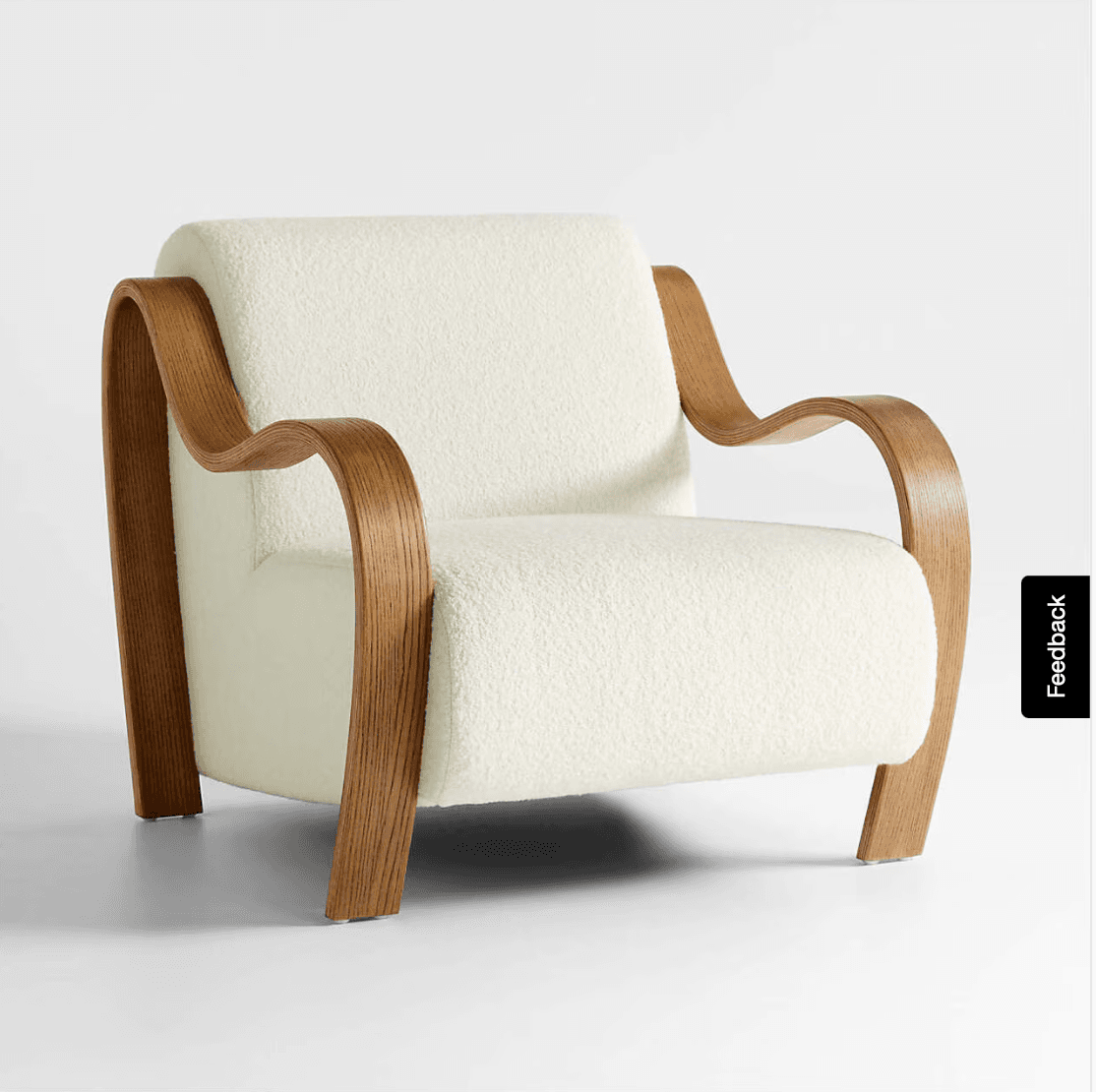 An armchair featuring a distinctive curved bentwood frame and plush boucle upholstery. The frame forms the chair's legs and armrests in a continuous, flowing line. The seating area, including the backrest, seat cushion, and side panels, is covered in a cream-colored, textured boucle fabric, contrasting with the warm, natural wood tone of the frame. The design combines elements of modern and possibly Art Deco aesthetics. — 3D model