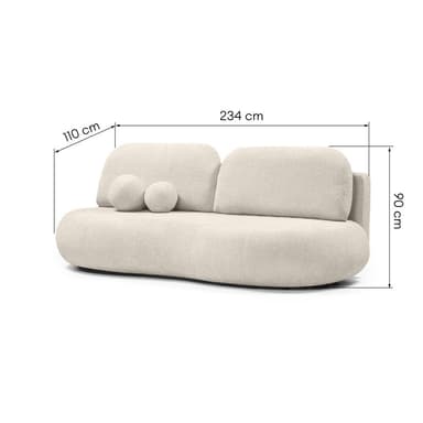 A modern, low-profile sofa with a rounded, organic form. The sofa is upholstered in a textured, boucle-like fabric. It features a continuous seat cushion that curves upwards at the sides, and two separate back cushions. Two spherical decorative pillows are placed on the left side of the sofa. — 3D model