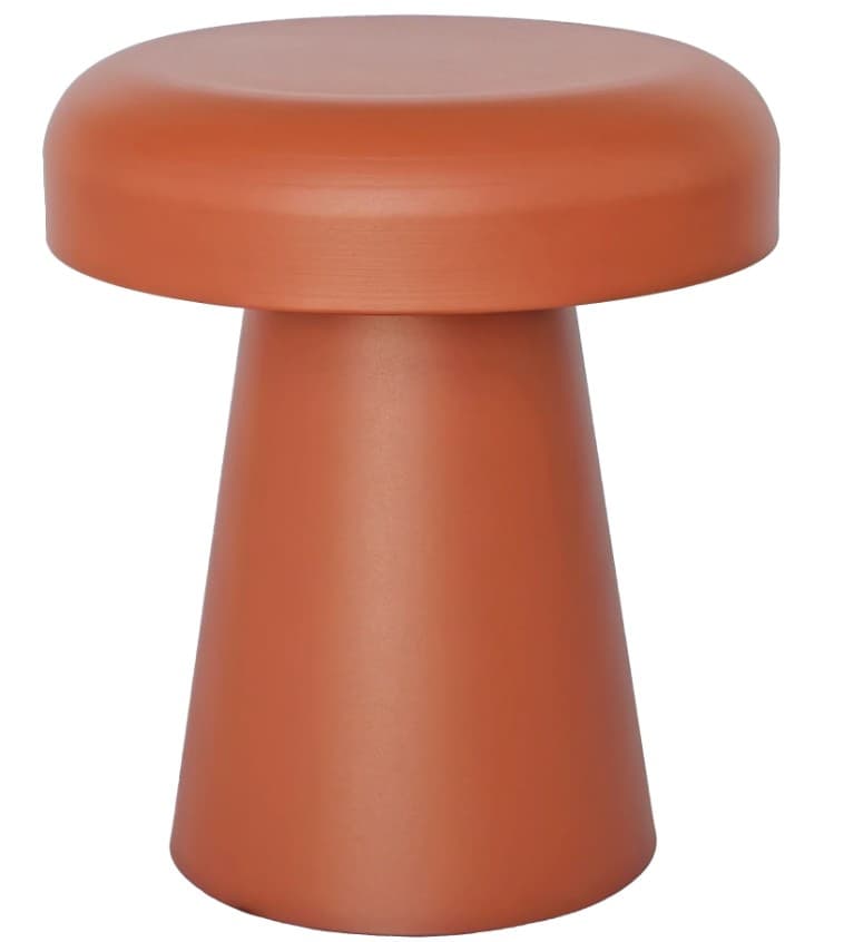 A contemporary mushroom-shaped stool rendered in a warm terracotta color, featuring a rounded, thick top resting on a sturdy, conical base. — 3D model