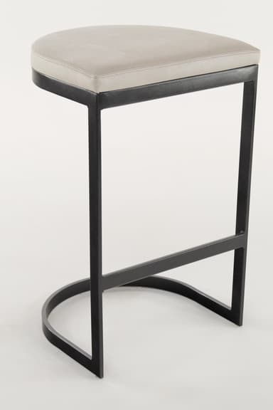 A contemporary backless bar stool featuring a charcoal gray powder-coated metal frame with a sled base and an integrated footrest, topped with a padded rectangular seat upholstered in light gray faux leather. — 3D model