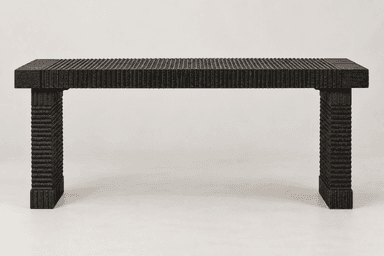 A dark-colored, rectangular bench with a heavily textured, fluted surface, supported by two thick, rectangular legs. — 3D model