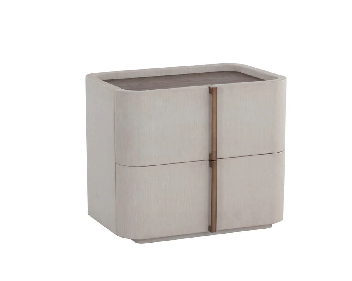 A modern nightstand with a light-colored, textured finish on the main body and a darker wood top. It features two drawers, each with a vertical metal handle in a brass or bronze finish. The edges of the nightstand are rounded, giving it a soft, contemporary appearance. — 3D model
