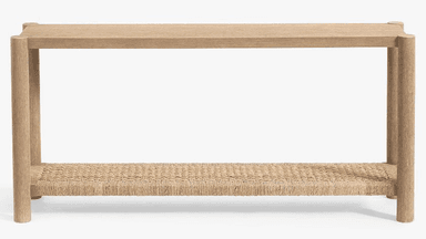 A long, narrow console table constructed from light-toned wood, featuring a rectangular top surface and a lower shelf meticulously crafted from woven natural fibers. — 3D model