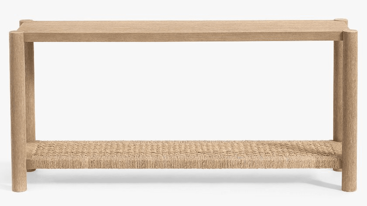 A long, narrow console table constructed from light-toned wood, featuring a rectangular top surface and a lower shelf meticulously crafted from woven natural fibers. — 3D model