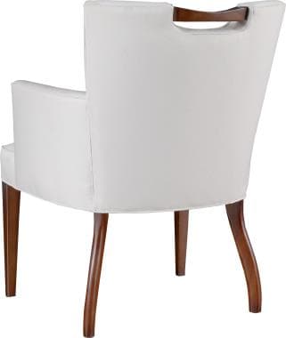 A fully upholstered, cream-colored armchair featuring a high backrest with a distinctive cut-out handle. The chair is supported by four tapered wooden legs. — 3D model