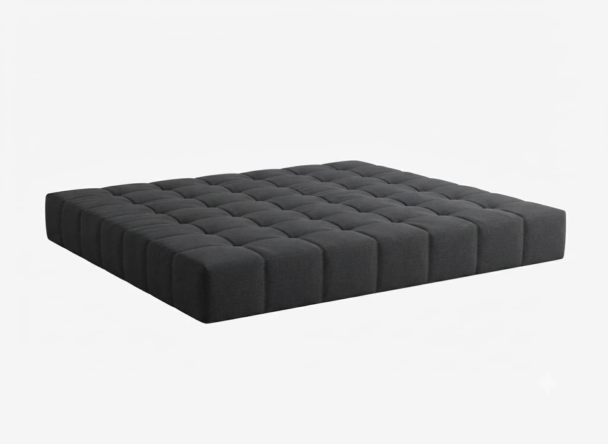 A large, low-profile, square-shaped upholstered ottoman featuring deep button tufting in a grid pattern across its top and sides. It is covered in a dark grey fabric. — 3D model