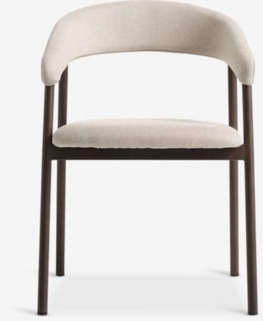 A modern dining chair featuring a dark-stained wooden frame and light beige upholstered seat and backrest. The backrest has a distinct curved shape that subtly integrates into the short armrests. The chair stands on four slender, round, straight legs. — 3D model
