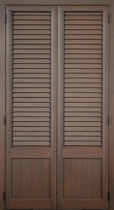 A pair of wooden louvred doors with a rich brown finish. Each door is divided into two sections: the upper section features adjustable louvers, and the lower section has a paneled design with vertical planks. The doors are hinged together and appear to be designed for indoor or outdoor use, possibly as closet doors or shutters. — 3D model