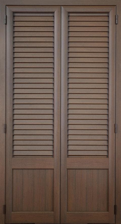 A pair of wooden louvred doors with a rich brown finish. Each door is divided into two sections: the upper section features adjustable louvers, and the lower section has a paneled design with vertical planks. The doors are hinged together and appear to be designed for indoor or outdoor use, possibly as closet doors or shutters. — 3D model